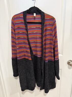 Flamingo Striped Thermal Boucle Knit Peplum Cardigan Sweater Sz XL With Pockets